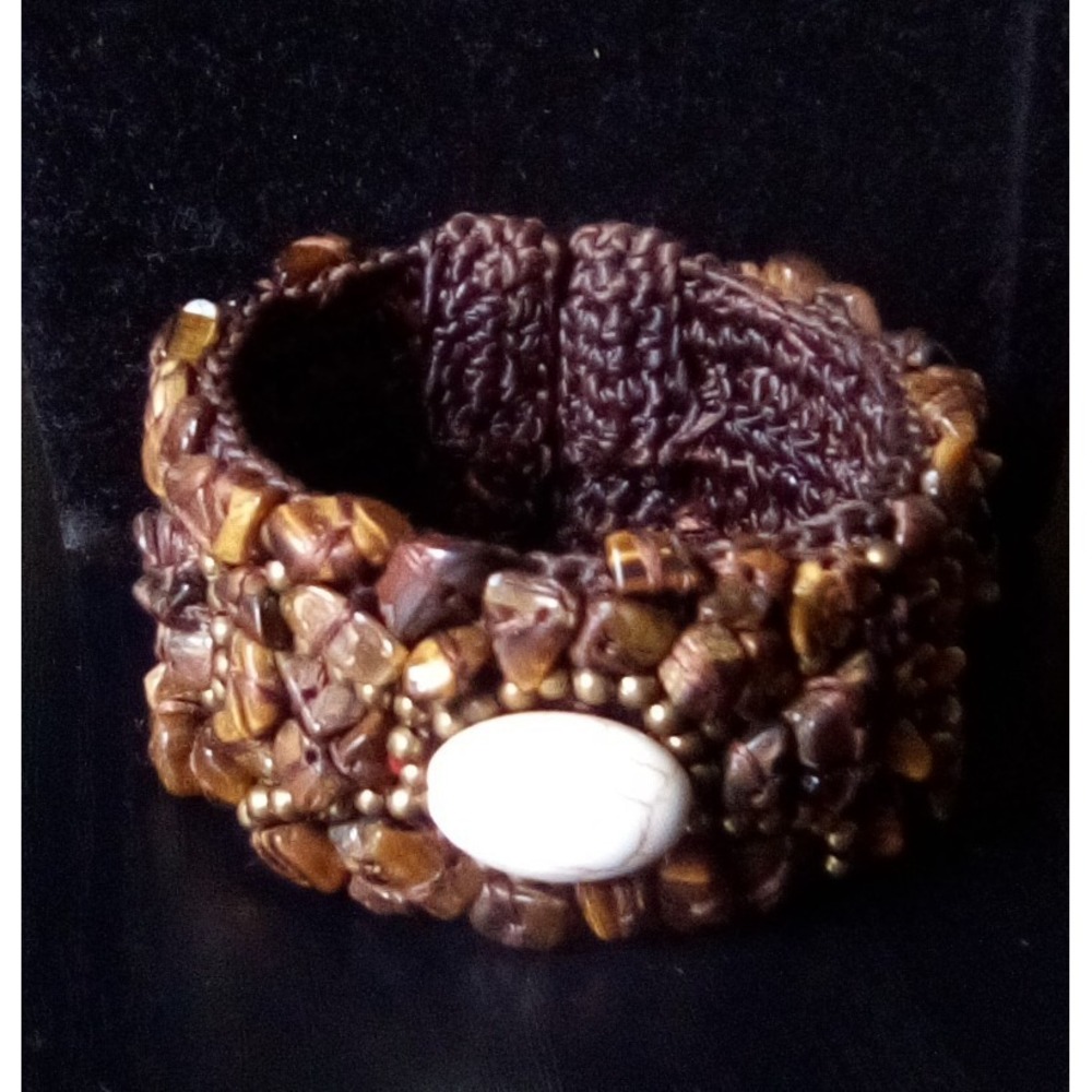 Bohemian Beaded Cuff Bracelet Tiger Eye Gemstones White Stone Accent